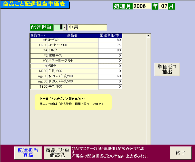 牛乳宅配顧客管理システム配達単価（商品）